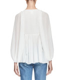 Embroidered Seersucker Split-Neck Blouse, Milk
