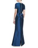 Short-Sleeve Peplum Trumpet Gown, Deep Sea 