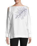 Leaf-Embroidered Cold-Shoulder Blouse, White