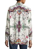 Safari-Print Cotton Blouse, White