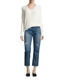 1/2-Cardigan Stitch V-Neck Sweater, Off White