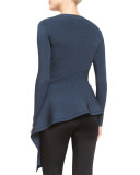 Long-Sleeve Ribbed Sweater w/Asymmetric Hem, Lake