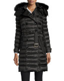 Chesterford Double-Breasted Fur-Hood Quilted Coat, Black  