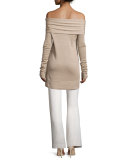 Twisted Off-Shoulder Long-Sleeve Tunic, Oatmeal Melange
