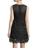 Sleeveless Mesh-Striped Combo Fit-&-Flare Dress, Black