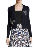 Butterfly-Appliqué Tie-Neck Cardigan, Navy