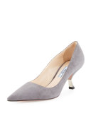 Suede Comma-Heel Pointed-Toe Pump, Nebbia
