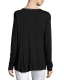Metallic-Trim Jersey Long-Sleeve Tee, Caviar