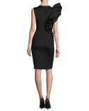 Sleeveless Ruffle-Trim Crepe Sheath Dress, Black