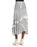 Hopsack Fringe-Trim Midi Skirt, Gray Melange