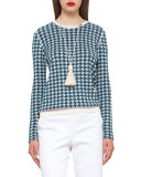 Houndstooth Jacquard Crewneck Sweater, Seabiscuit/Moonstone