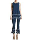 Sleeveless Frayed-Hem Tunic, Mid Blue