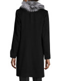 Belted Fur-Trim Wrap Coat, Black