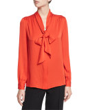 Tie-Neck Stretch-Silk Crepe Blouse, Flame
