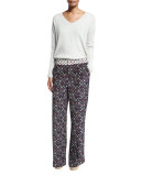 Ribbed-Trim Cashmere V-Neck Sweater, Foggy