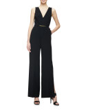 Sleeveless V-Neck Belted Jumpsuit, Black