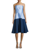 Strapless Colorblock Midi Cocktail Dress, Cornflower/Navy