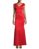 Cap-Sleeve Stretch Satin Gown, Cardinal