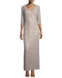 3/4-Sleeve Sequin Drape-Back Column Gown, Champagne