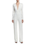 Belted Long-Sleeve V-Neck Jumpsuit, White/Midnight