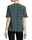 Massey Half-Sleeve Tile-Print Tasseled Silk Top, Black Pompidou