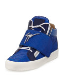 Logo Strap Embossed Leather Mid-Top Sneaker, Blue