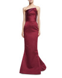 Strapless Angled Satin Trumpet Gown, Burgundy