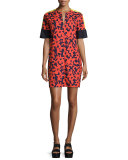 Short-Sleeve Printed Shift Dress, Tangerine/Navy