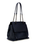 Intrecciato Large Flap Satchel Bag, Navy