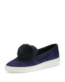 Eddy Mink Fur-Pompom Sneaker, Sapphire