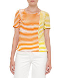 Striped Short-Sleeve Silk Blouse, Cream/Marigold/Sun
