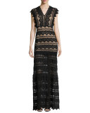 Antoinette V-Neck Lace Gown, Black/Nude