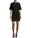 Short-Sleeve Guipure-Lace Mini Dress, Black