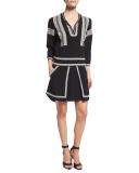 Ignacio 3/4-Sleeve Embroidered Silk Dress, Black