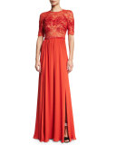 Elbow-Sleeve Embellished Gown, Pumpkin