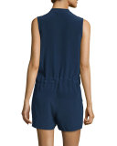 Marguerite Sleeveless Embroidered Silk Romper, Navy