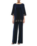 Velour Wide-Leg Pants, Navy