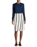 Striped Twill Wrap Skirt, Bone/Marine
