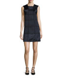 Sleeveless Windowpane Shift Dress, Midnight/Black