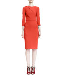 Draped-Shoulder 3/4-Sleeve Sheath Dress, Red