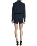 Crepe Long-Sleeve Romper, Navy