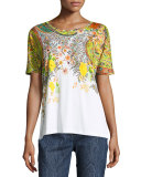 Paisley Crewneck Cotton Tee, Green/Ivory