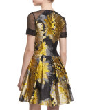 Short-Sleeve Sunflower Cocktail Dress, Yellow/Black