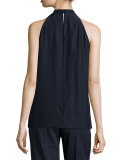 Madison Sleeveless Asymmetric Pleated Silk Blouse, Ink