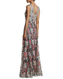 Sleeveless Wisteria-Embroidered Gown, Black/Multi