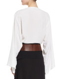 Button-Front Silk Kimono Shirt, White
