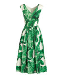 Cap-Sleeve Banana Leaf-Print Midi Dress, White/Green