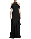 Esmerelda Cold-Shoulder Ruffle Gown, Black