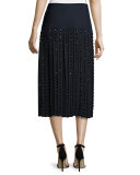 Mid-Rise Embellished Midi Skirt, Navy