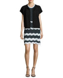 Sleeveless Scoop-Neck Zigzag Dress, Black